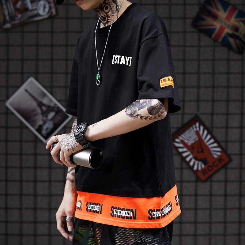 men street wear fake two short sleeve t shirt for men loose american street style contrast color tee 1